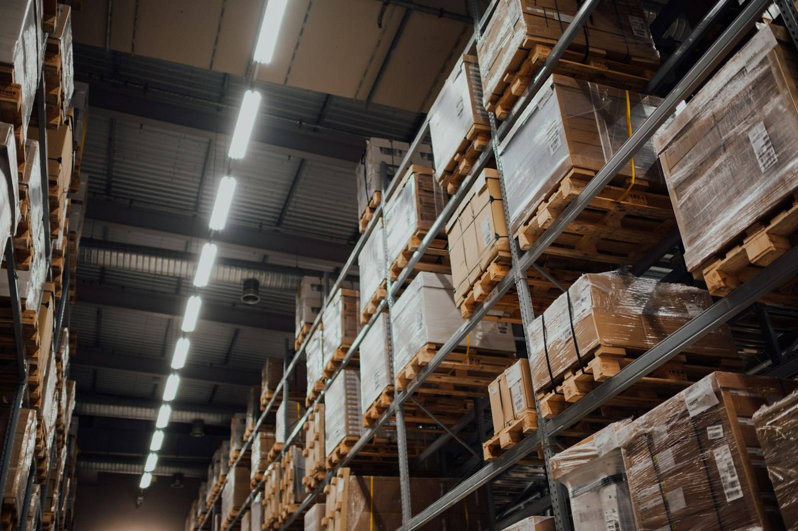 Warehouse shelving stocked with palletized goods